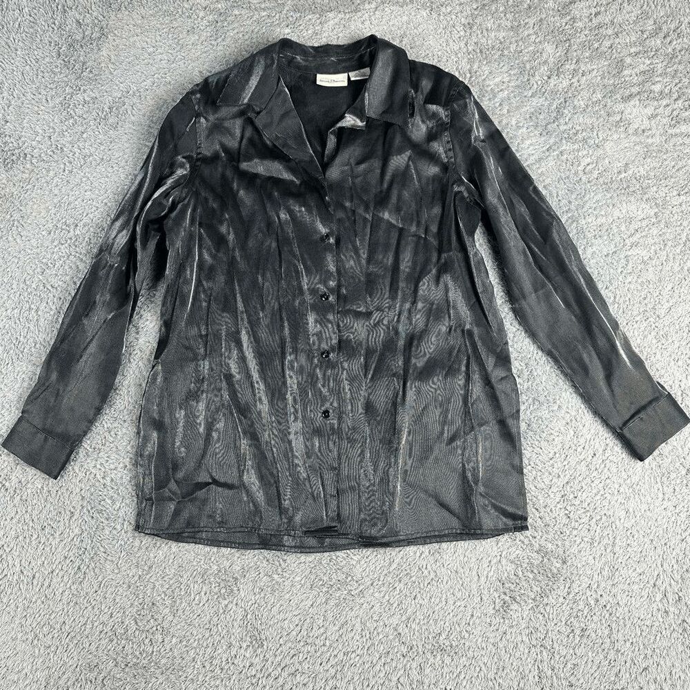 Jaclyn Smith Women's Long Sleeve Button Up Shirt 10 Grey Black Shiny Formal